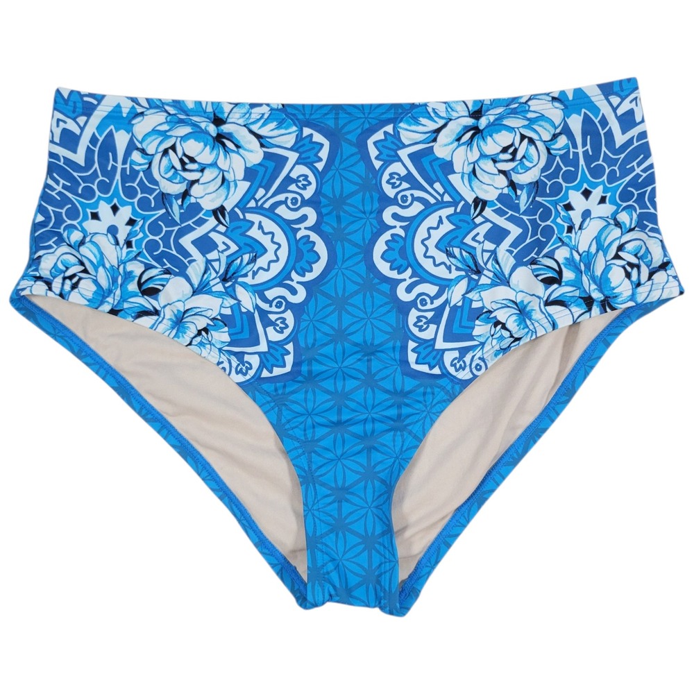 White House Black Market Bikini Bottom Women L Blue Mandala Floral High Rise New